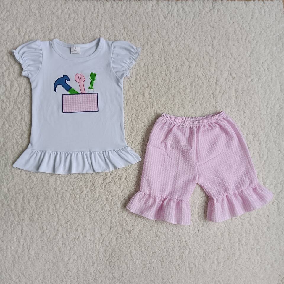 Girls Embroidery Tools Outfits Short Sleeves Pink Shorts