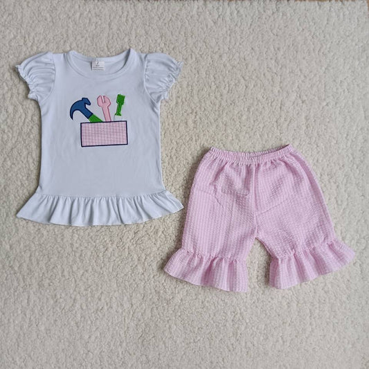 Girls Embroidery Tools Outfits Short Sleeves Pink Shorts