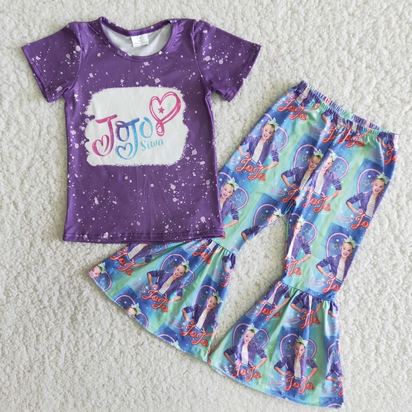 Girls Purple Outfits Short Sleeves Bell Bottom Pants