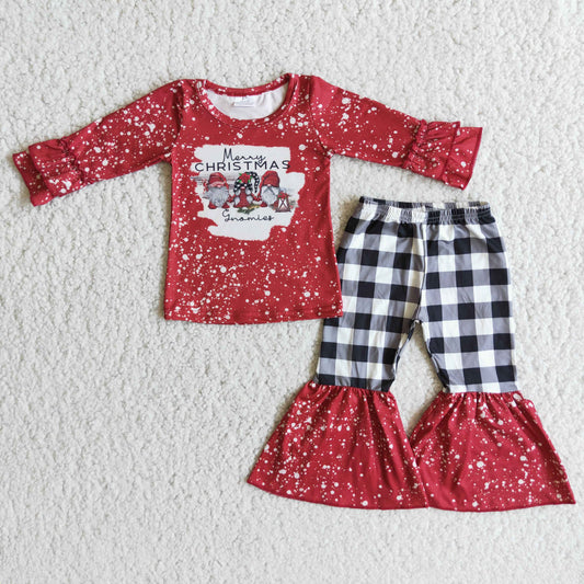 Baby Girls Merry Christmas Red Outfits Long Sleeves Plaid Bell Bottom Pants