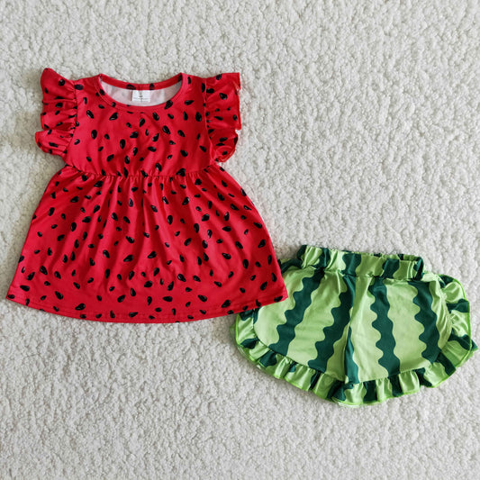 Girls Watermelon Outfits Short Sleeves Green Shorts