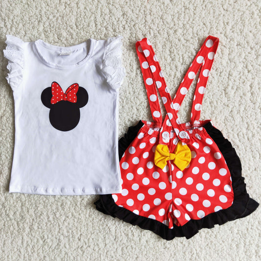 Girls Cartoon Summer Outfits Polka Dot Overall Shorts