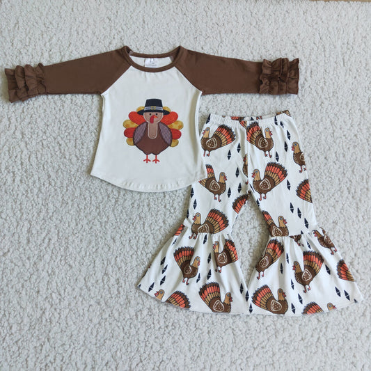 Girls Thanksgiving Turkey Outfits Long Sleeves Bell Bottom Pants Brown