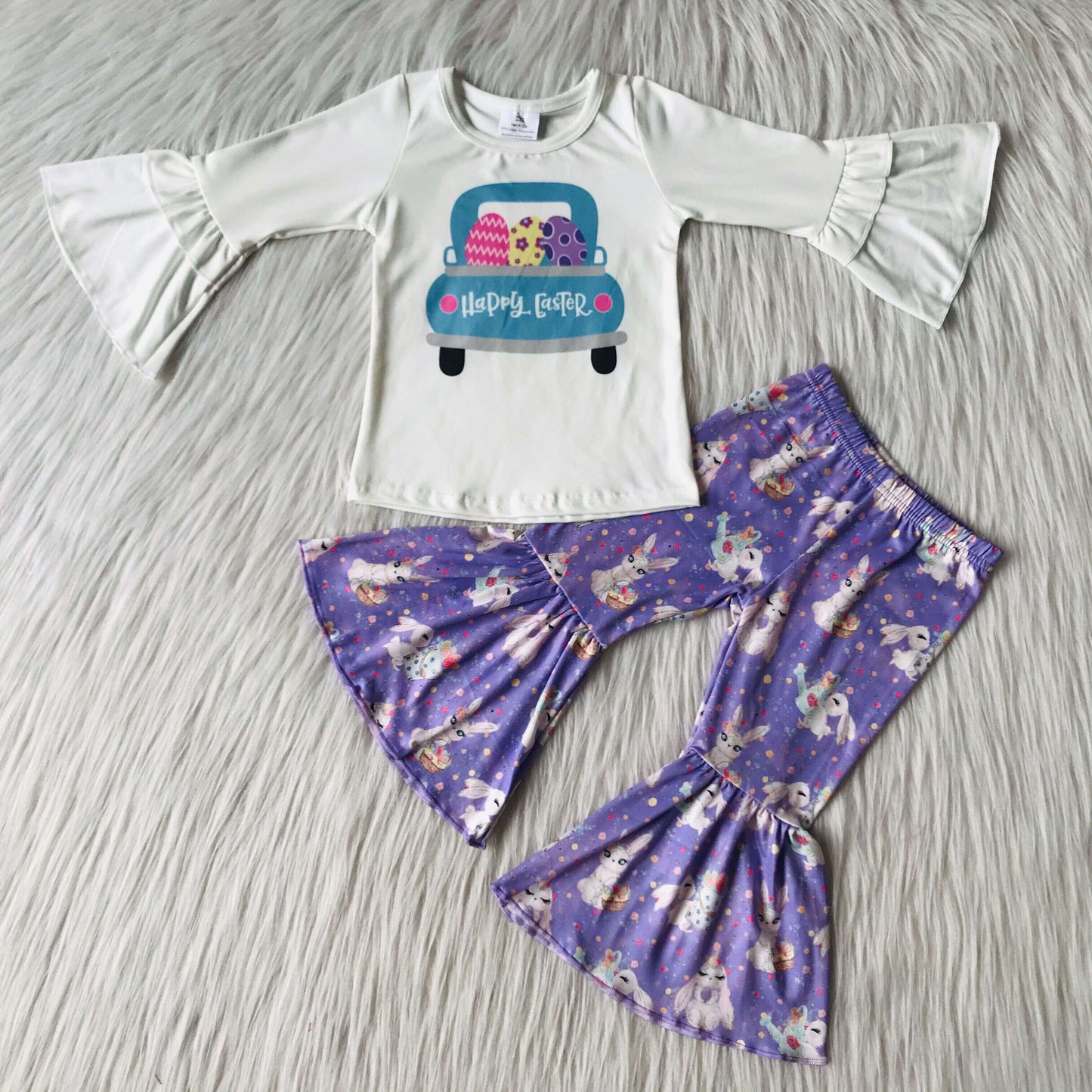 Girls Happy Easter Outfits Long Sleeves Purple Pants