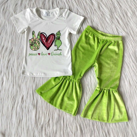 Girls Christmas Outfits Peace Love Short Sleeves Velvet Pants