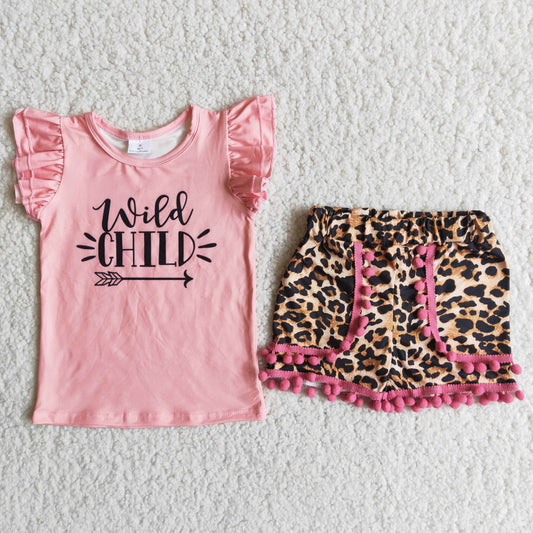 Girls Wild Child Outfits Short Sleeves Leopard Shorts