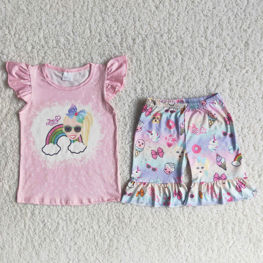 Girls Rainbow Outfits Short Sleeves Pink Shorts