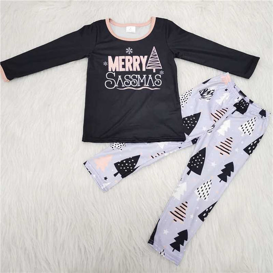 6 A25-16 Baby Girls Merry Christmas Tree Outfits Long Sleeves Printed Pants