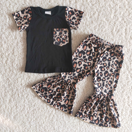 Girls Black Outfits Short Sleeves Leopard Pants