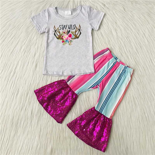 Girls Stay Wild Outfits Short Sleeves Stripe Pants