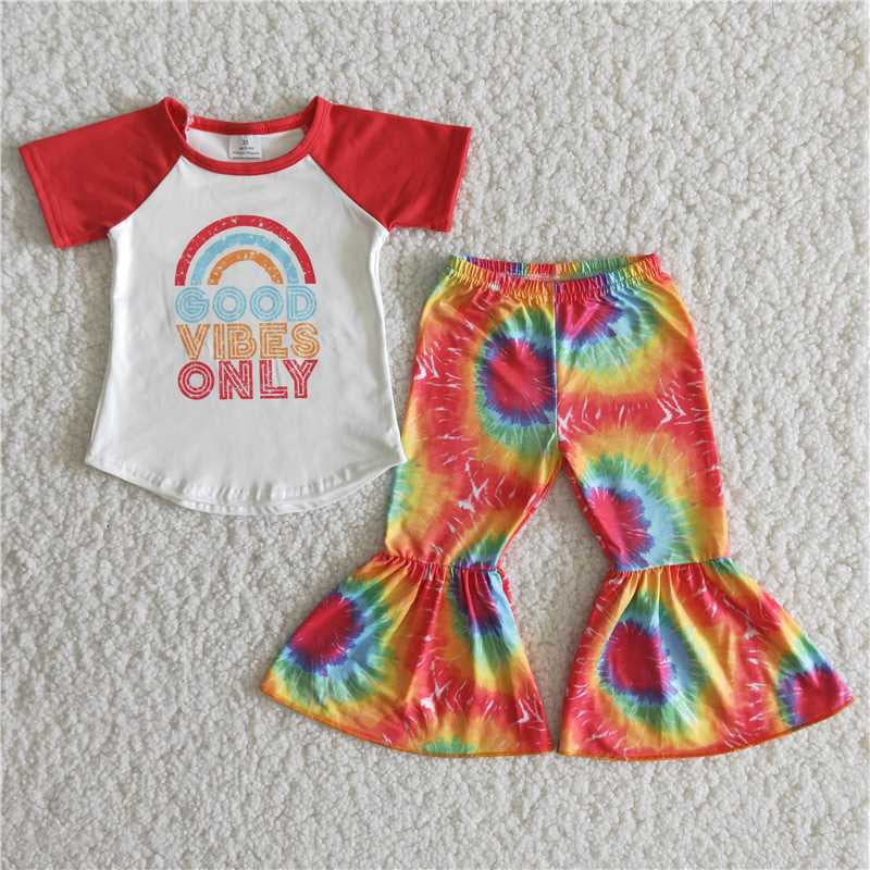 Girls Rainbow Good Vibes Only Outfits Short Sleeves Tie-dye Pants