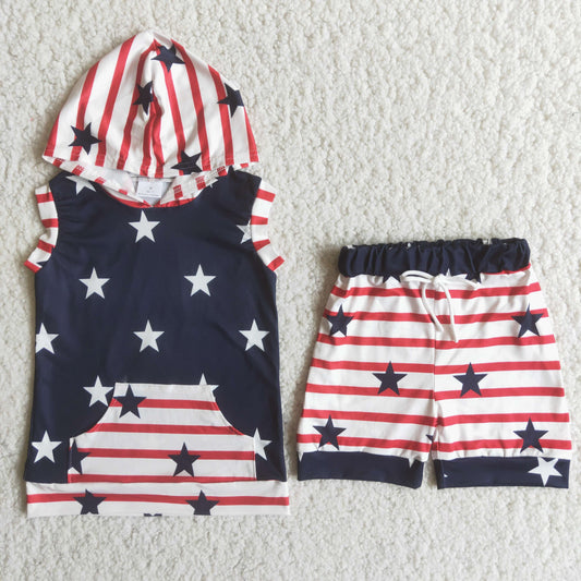 Boys Blue Stars Red Stripe Outfits Short Sleeves Hoodies Shorts