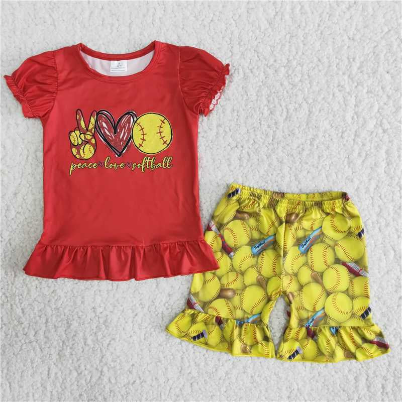 Girls Peace Love Softball Outfits Short Sleeves Yellow Shorts