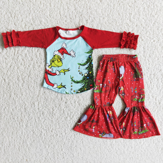 Baby Girls Christmas Outfits Long Sleeves Bell Bottom Pants Red