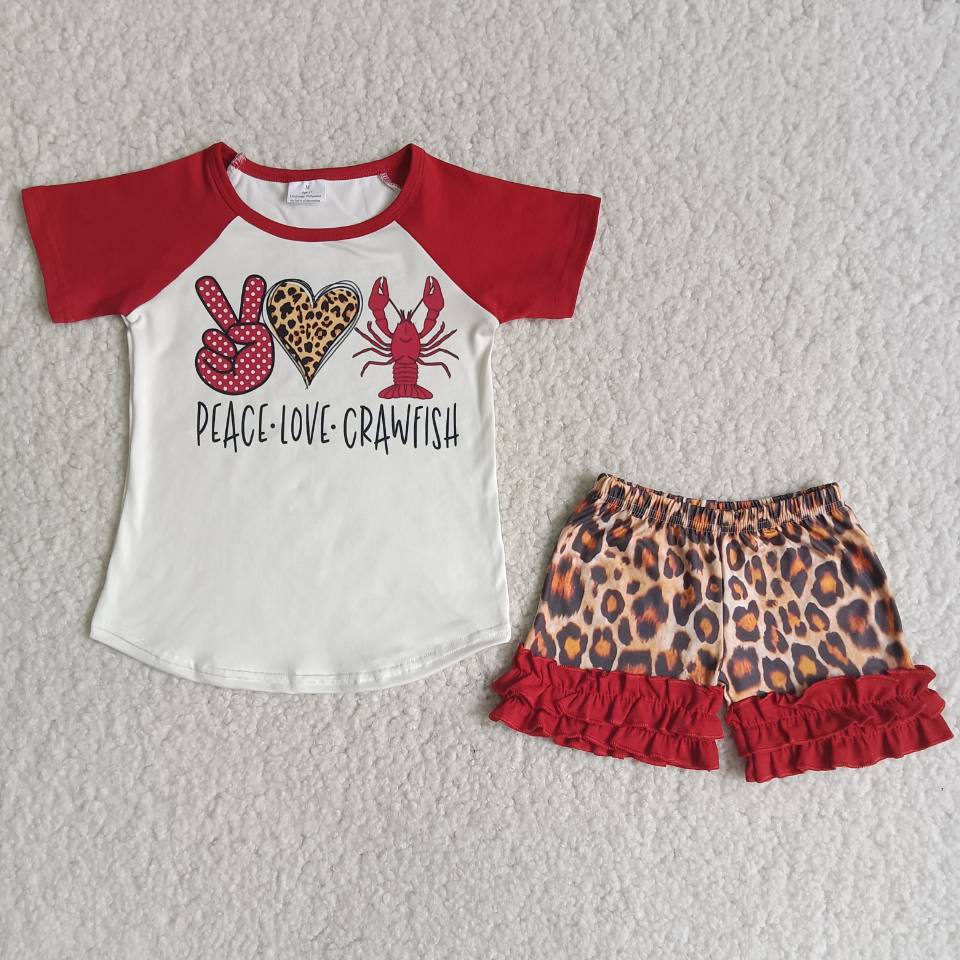 Girls Peace Love Crawfish Outfits Short Sleeves Leopard Shorts