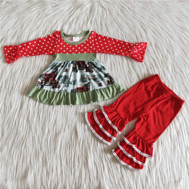 Baby Girls Christmas Car Outfits Long Sleeves Ruffled Pants Polka Dot Clothing