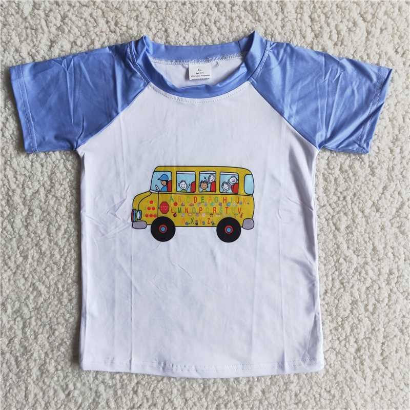 Boys Back To School Bus Shirt Top Short Sleeves Sky Blue