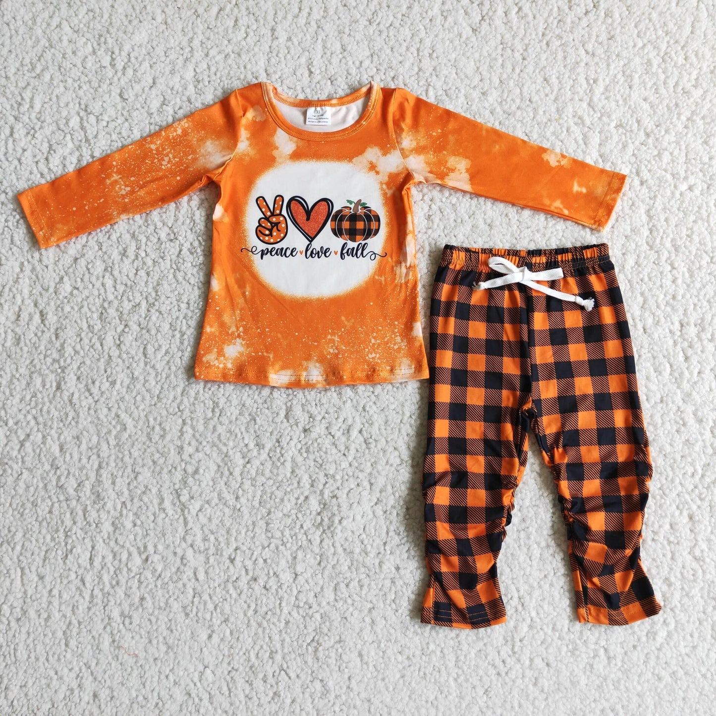 Baby Girls Peace Love Fall Pumpkin Outfits Long Sleeves Plaid Pants Orange Clothing