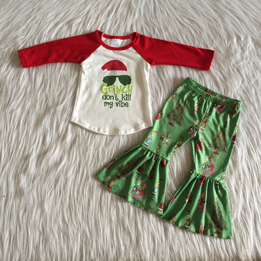 Baby Girls Christmas Outfits Red Long Sleeves Bell Bottom Green Pants