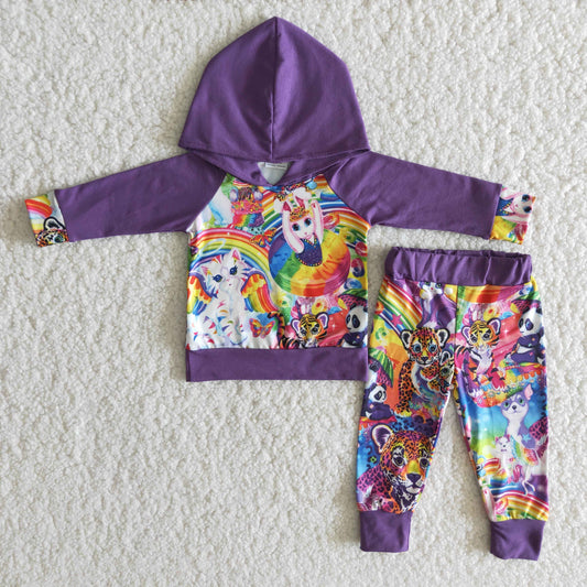 Boys Cartoon Outfits Long Sleeves Hoodies Joggers Purple