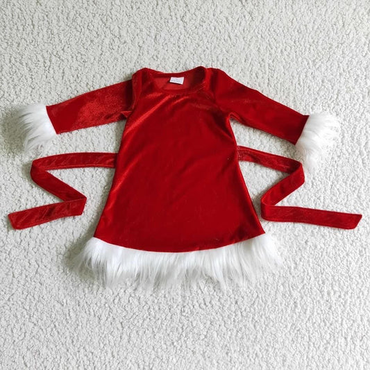 Girls Christmas Red Velvet Dress Long Sleeves