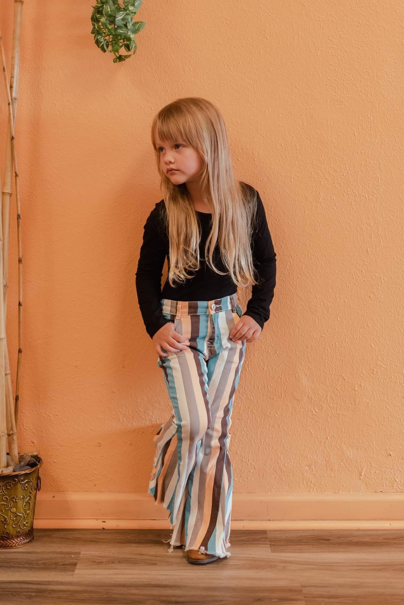 P0002 Girls Bell Bottom Stripe Jeans Pants