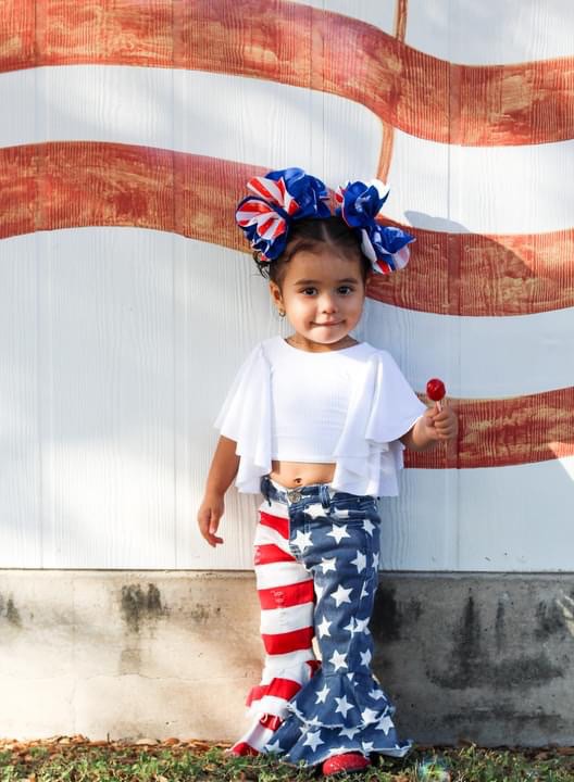 Girls Jeans Bell Bottom Pants Red Stripe Blue Stars