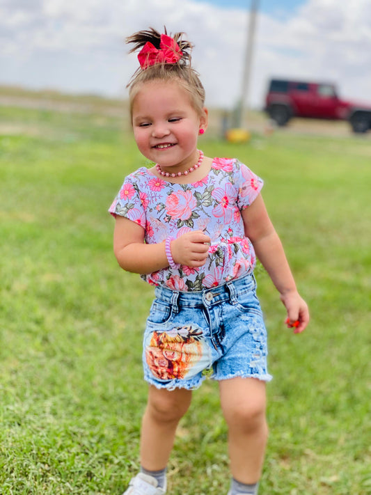 Girls Cow Denim Shorts