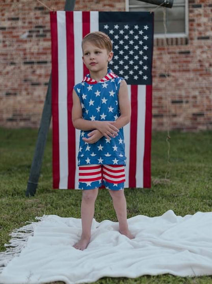 Boys Blue Stars Red Stripe Outfits Short Sleeves Hoodies Shorts