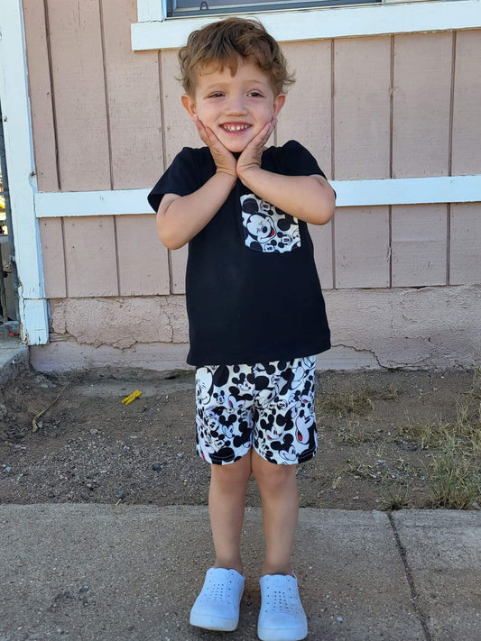 Boys Cartoon Outfits Short Sleeves Black Shorts