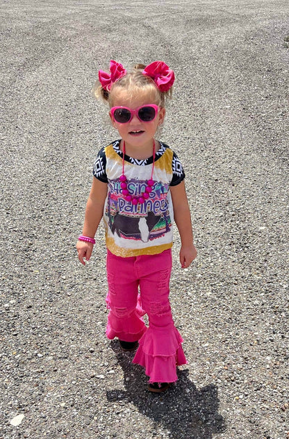 Girls Hot Pink Ruffled Jeans Bell Bottom Pants