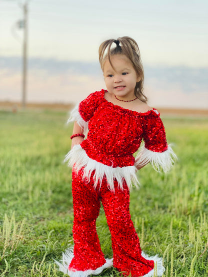 C7-23 Girls Christmas Red Sequin Outfits Long Sleeves Bell Bottom Pants