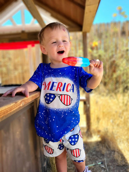 Boys America Outfits Short Sleeves Blue Shorts