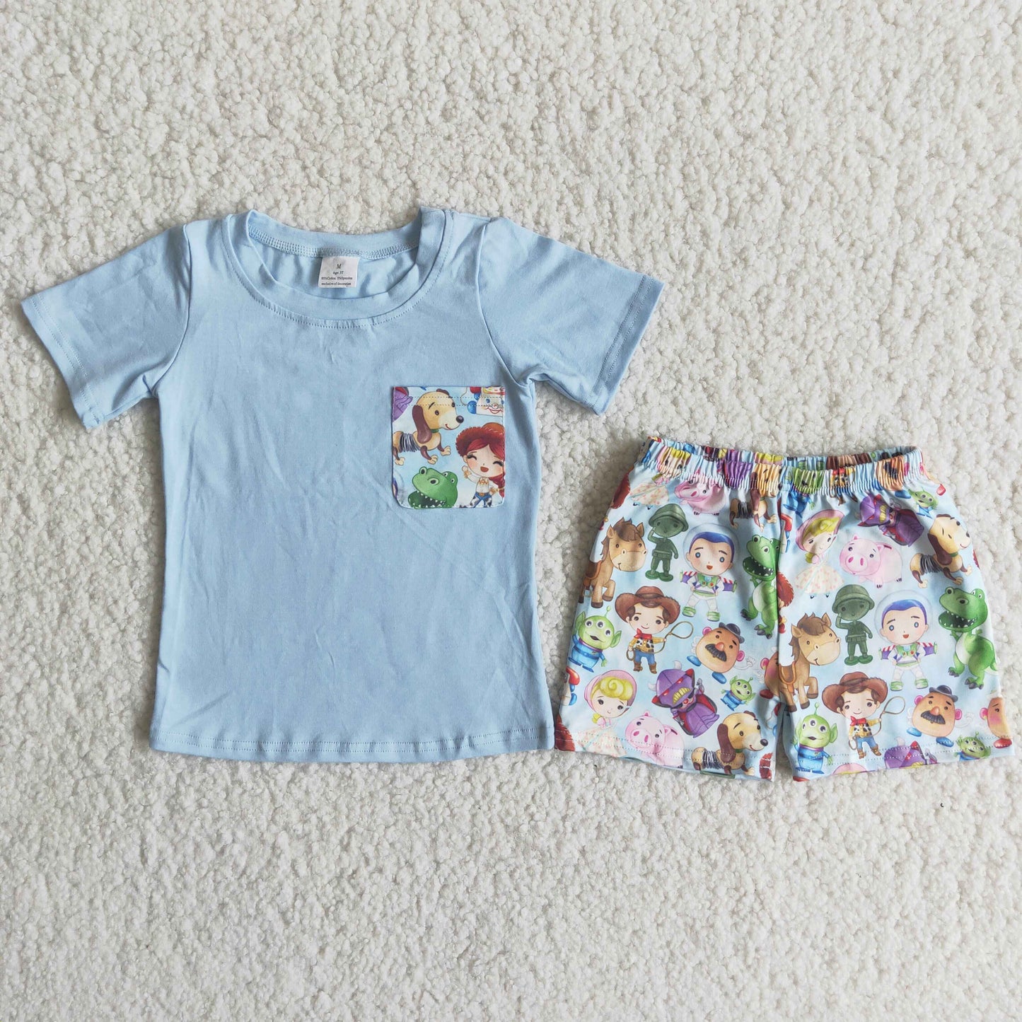 Boys Cartoon Outfits Short Sleeves Sky Blue Shorts