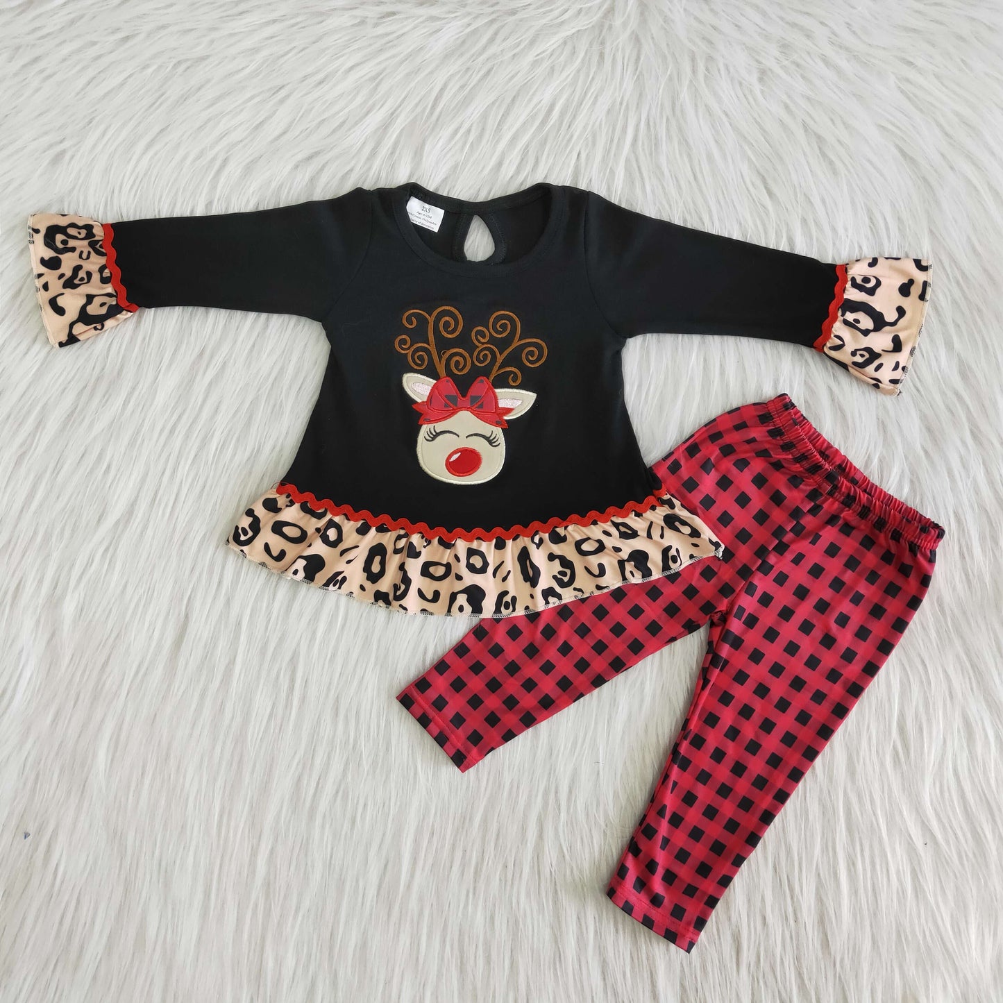 Baby Girls Embroidery Christmas Reindeer Outfits Long Sleeves Plaid Pants