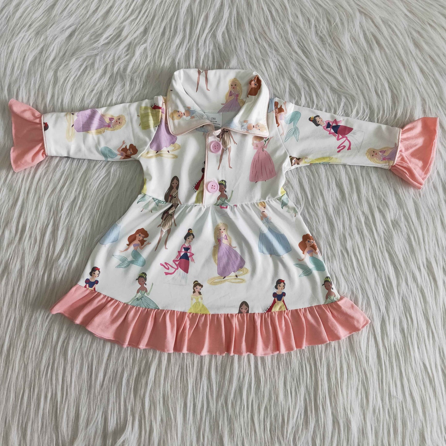 Girls Cartoon Princess Gown Long Sleeves Pajamas Pink