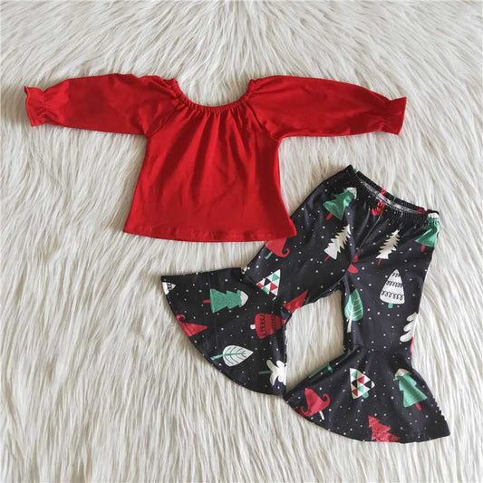 Baby Girls Christmas Tree Red Outfits Long Sleeves Bell Bottom Pants