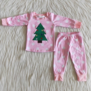 Girls Embroidery Christmas Tree Pajamas Long Sleeves Joggers Pink Polka Dot