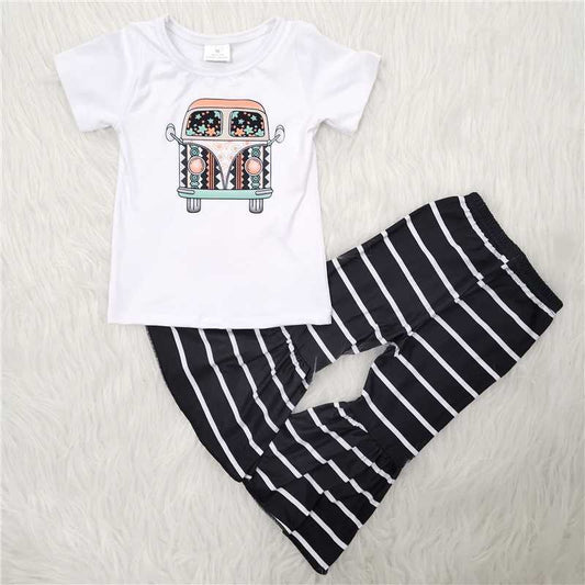 Girls Back To School Bus Outfits Short Sleeves Stripe Pants