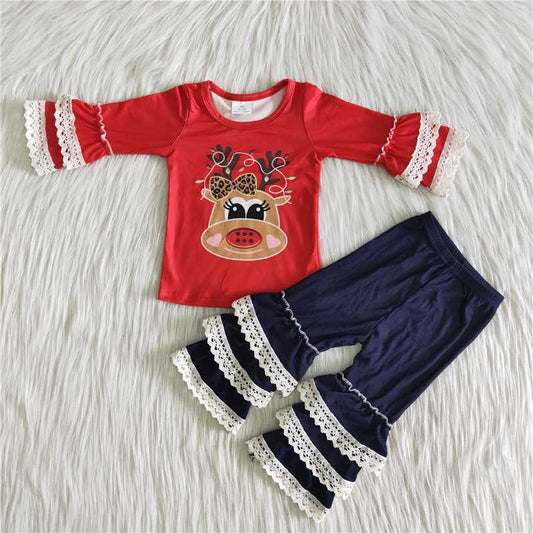 Baby Girls Christmas Reindeer Outfits Long Sleeves Blue Lace Pants