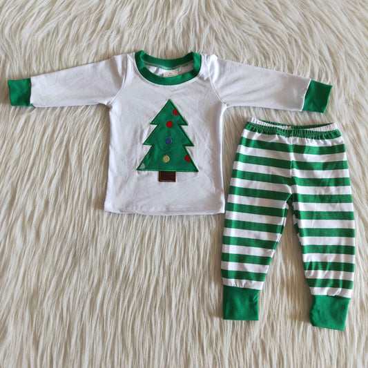 Boys Embroidery Christmas Tree Pajamas Long Sleeves Joggers Green Stripe