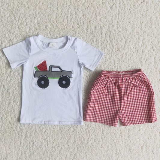 Boys Embroidery Watermelon Outfits Short Sleeves Red Shorts