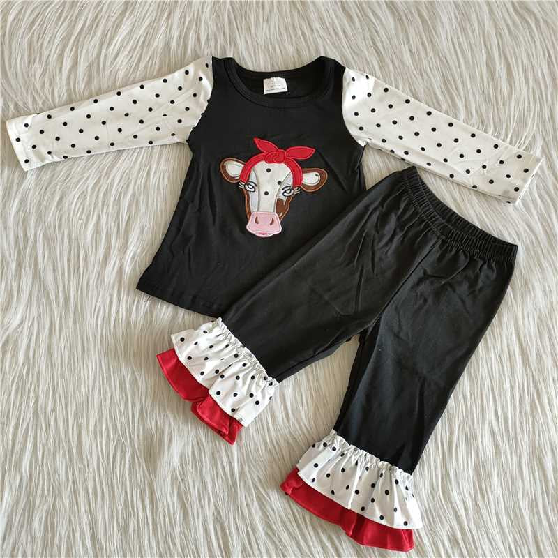 Girls Embroidery Cow Outfits Long Sleeves Black