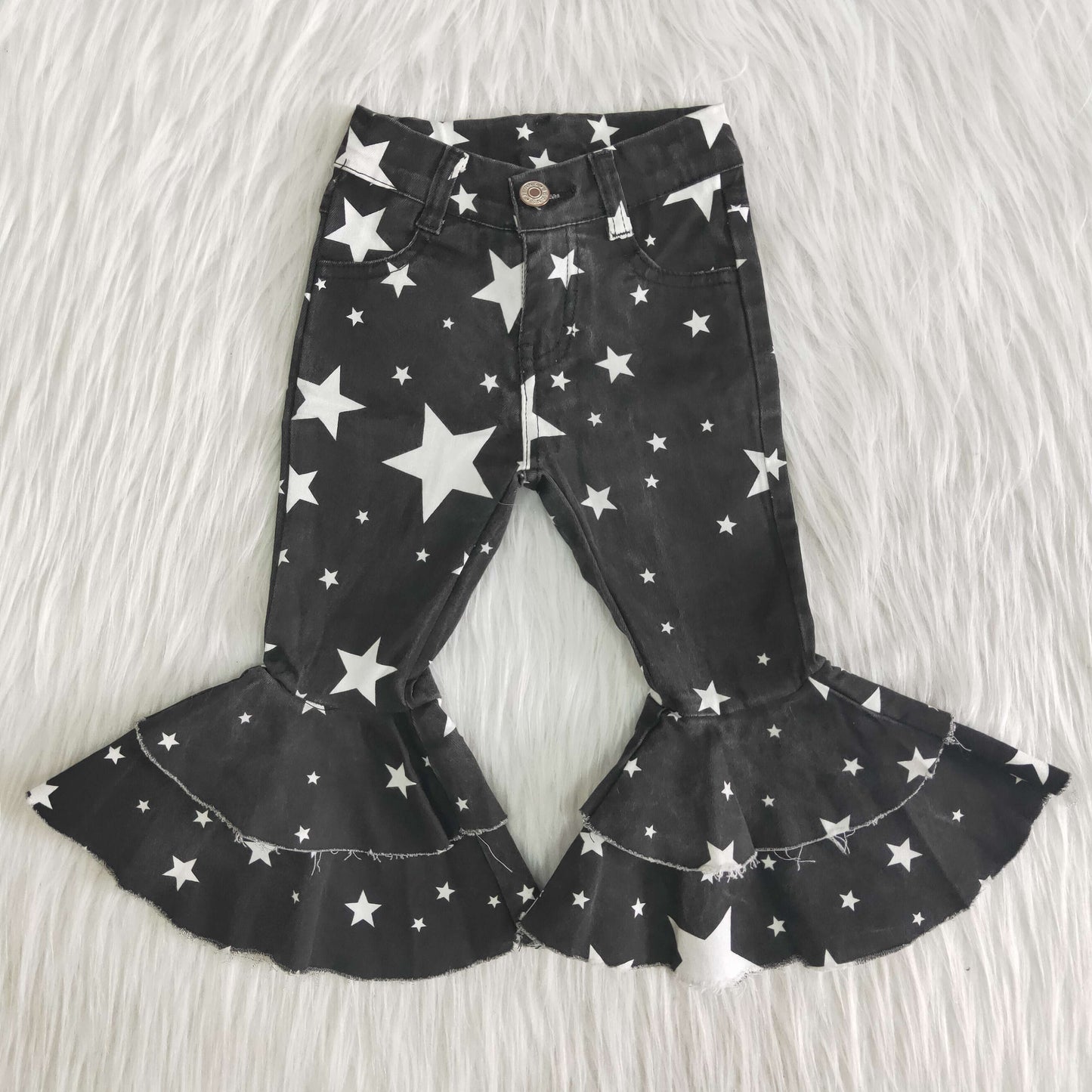 Girls Black Stars Jeans Bell Bottom Pants Ruffled