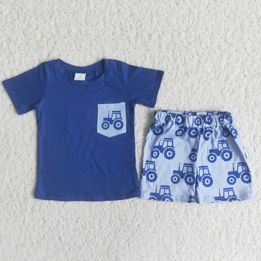 Boys Tractor Outfits Short Sleeves Blue Shorts