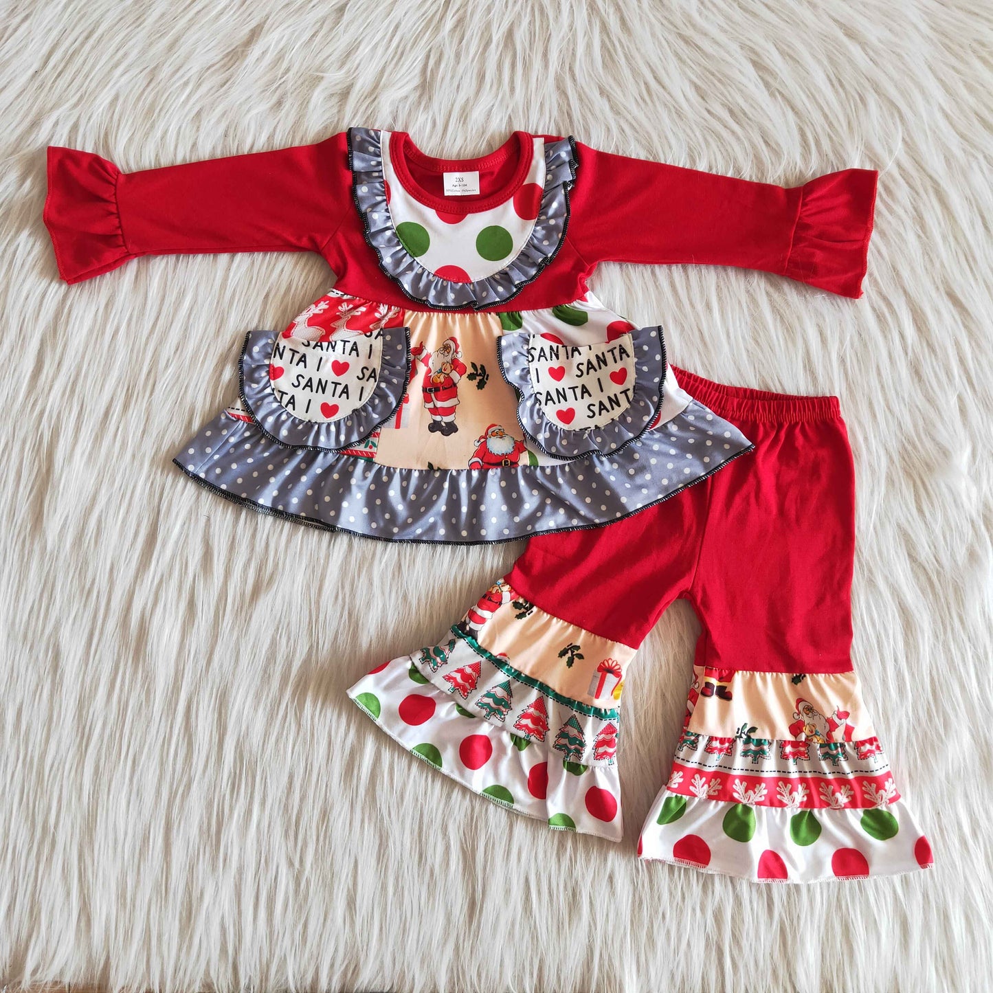 Baby Girls Christmas Santa Outfits Pocket Long Sleeves Ruffled Pants