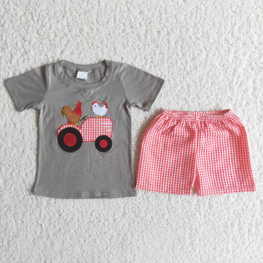 Boys Embroidery Chicken Outfits Short Sleeves Red Shorts