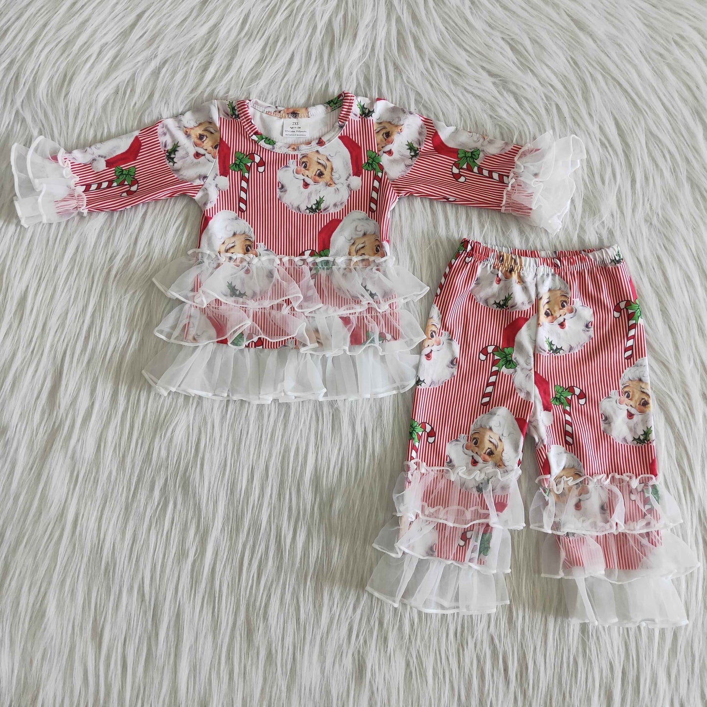 6 B12-18 Baby Girls Red Christmas Santa Outfits Long Sleeves Ruffled Lace Pants