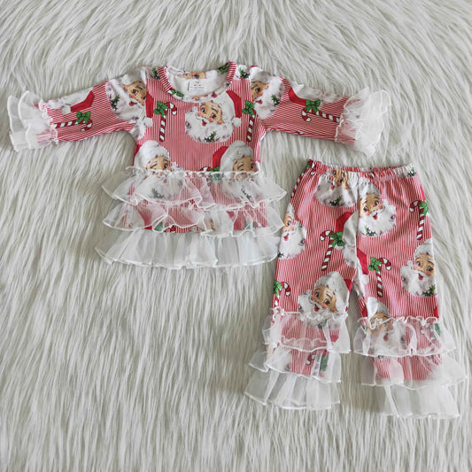 6 B12-18 Baby Girls Red Christmas Santa Outfits Long Sleeves Ruffled Lace Pants