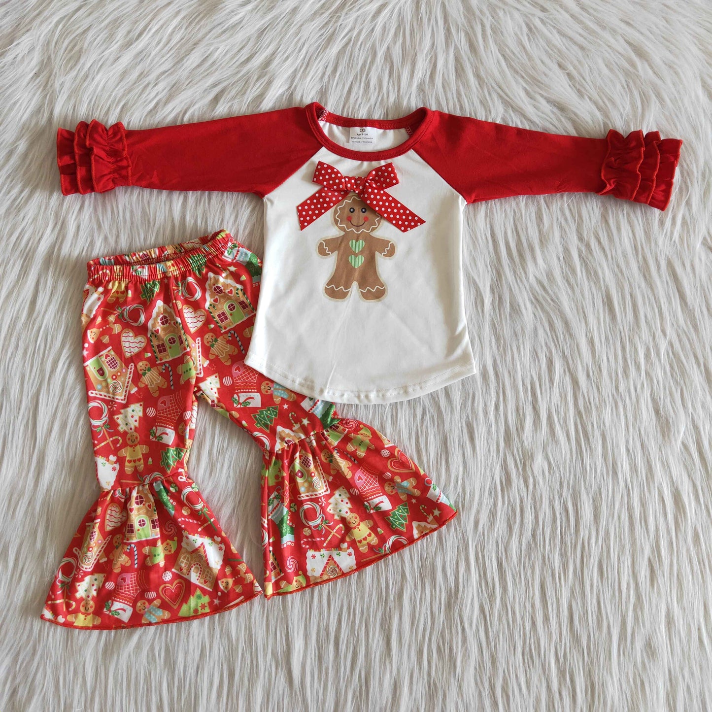 Girls Long Sleeves Bell Bottom Pants Red Christmas Outfits